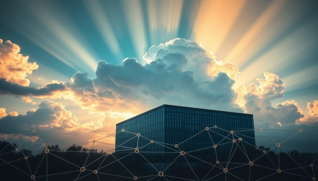 A sprawling cloud formation dominates the scene, its wispy tendrils casting a protective embrace over a sleek, modern data center below. Rays of sunlight filter through the cloud, illuminating the building's glass facade and casting dynamic shadows across the landscape. In the foreground, a network of interconnected nodes and pathways visualize the complex systems of governance that govern the cloud's security protocols, their intricate patterns reflecting the careful orchestration required to maintain robust data protection. The overall atmosphere conveys a sense of technological sophistication, security, and the delicate balance between human oversight and automated control in the cloud computing era. A sprawling cloud formation dominates the scene, its wispy tendrils casting a protective embrace over a sleek, modern data center below. Rays of sunlight filter through the cloud, illuminating the building's glass facade and casting dynamic shadows across the landscape. In the foreground, a network of interconnected nodes and pathways visualize the complex systems of governance that govern the cloud's security protocols, their intricate patterns reflecting the careful orchestration required to maintain robust data protection. The overall atmosphere conveys a sense of technological sophistication, security, and the delicate balance between human oversight and automated control in the cloud computing era.