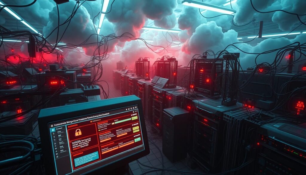 A sprawling cloud infrastructure, crisscrossed with exposed storage buckets and insecure network configurations. In the foreground, a glowing screen displays a dashboard of alarming security alerts, as digital threats loom in the background. Harsh fluorescent lighting casts long shadows, conveying a sense of unease and urgency. The scene is captured through a wide-angle lens, emphasizing the scale and complexity of the cloud environment, while a tight depth of field draws the viewer's attention to the critical issues at hand. This image should evoke a mood of concern and a need for heightened vigilance in securing cloud-based resources. A sprawling cloud infrastructure, crisscrossed with exposed storage buckets and insecure network configurations. In the foreground, a glowing screen displays a dashboard of alarming security alerts, as digital threats loom in the background. Harsh fluorescent lighting casts long shadows, conveying a sense of unease and urgency. The scene is captured through a wide-angle lens, emphasizing the scale and complexity of the cloud environment, while a tight depth of field draws the viewer's attention to the critical issues at hand. This image should evoke a mood of concern and a need for heightened vigilance in securing cloud-based resources.