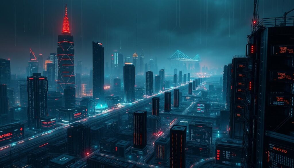 A sprawling cyber metropolis, its digital skyline aglow with the flickering lights of server towers and data centers. In the foreground, a tangled web of interconnected systems and IoT devices, vulnerability points ripe for exploitation. The middle ground is awash in a sea of binary code, pulsing with the ominous rhythms of malware and hacking tools. In the distance, a looming presence - the shadowy silhouettes of quantum computing rigs, their immense processing power a double-edged sword, enabling both advanced protection and devastating attacks. An eerie, tense atmosphere pervades the scene, a haunting reminder of the ever-evolving cyber threat landscape, where the lines between security and vulnerability blur with each technological advancement. A sprawling cyber metropolis, its digital skyline aglow with the flickering lights of server towers and data centers. In the foreground, a tangled web of interconnected systems and IoT devices, vulnerability points ripe for exploitation. The middle ground is awash in a sea of binary code, pulsing with the ominous rhythms of malware and hacking tools. In the distance, a looming presence - the shadowy silhouettes of quantum computing rigs, their immense processing power a double-edged sword, enabling both advanced protection and devastating attacks. An eerie, tense atmosphere pervades the scene, a haunting reminder of the ever-evolving cyber threat landscape, where the lines between security and vulnerability blur with each technological advancement.