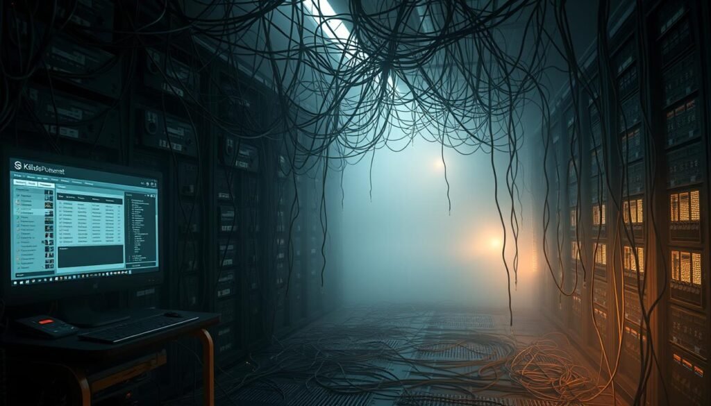 A sprawling network of tangled domain names, with subdomains dangling precariously, casting ominous shadows across a dimly lit server room. The foreground features a glowing computer screen displaying a dashboard of domain management tools, hinting at the potential vulnerabilities. In the middle ground, a tangle of ethernet cables snakes across the floor, symbolizing the complex web of interconnected systems. The background is shrouded in a hazy, eerie atmosphere, emphasizing the sense of unease and the potential for exploitation. Dramatic lighting illuminates the scene, creating sharp contrasts and highlighting the technical details, while a moody color palette evokes a feeling of unease and the looming threat of a "Subdomain Heist". A sprawling network of tangled domain names, with subdomains dangling precariously, casting ominous shadows across a dimly lit server room. The foreground features a glowing computer screen displaying a dashboard of domain management tools, hinting at the potential vulnerabilities. In the middle ground, a tangle of ethernet cables snakes across the floor, symbolizing the complex web of interconnected systems. The background is shrouded in a hazy, eerie atmosphere, emphasizing the sense of unease and the potential for exploitation. Dramatic lighting illuminates the scene, creating sharp contrasts and highlighting the technical details, while a moody color palette evokes a feeling of unease and the looming threat of a "Subdomain Heist".