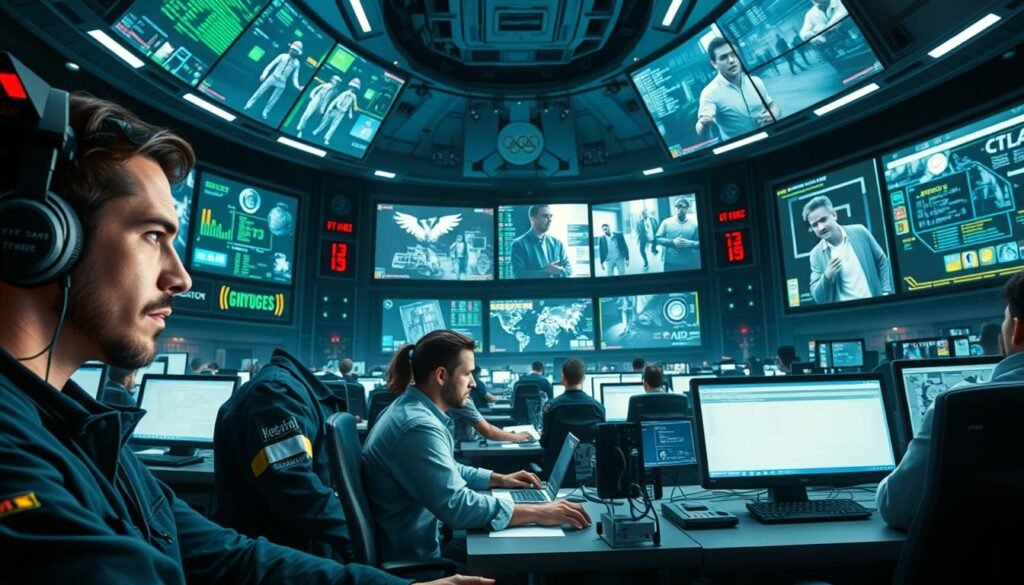 A sprawling operations center at the Olympic Games, bustling with technicians and engineers working swiftly to address a cyber incident. In the foreground, a team analyzes data streams and diagnostic tools, their expressions tense with focus. In the middle ground, others coordinate emergency response, directing communication and resource allocation. The background is filled with large display screens, projecting real-time status updates and security footage. Bright task lighting illuminates the scene, creating an atmosphere of urgency and determination as they work to rapidly restore critical systems and maintain the integrity of the Games. A sprawling operations center at the Olympic Games, bustling with technicians and engineers working swiftly to address a cyber incident. In the foreground, a team analyzes data streams and diagnostic tools, their expressions tense with focus. In the middle ground, others coordinate emergency response, directing communication and resource allocation. The background is filled with large display screens, projecting real-time status updates and security footage. Bright task lighting illuminates the scene, creating an atmosphere of urgency and determination as they work to rapidly restore critical systems and maintain the integrity of the Games.