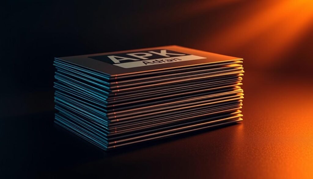 A stack of sleek, metallic APK files resting on a dark, minimalist surface, illuminated by a warm, directional light source casting long, dramatic shadows. The files appear to be organized and neatly arranged, conveying a sense of purposeful, technical utility. The background is slightly blurred, keeping the focus on the APK files as the central subject. The overall mood is one of sophistication, technology, and the practical applications of sideloading APKs.