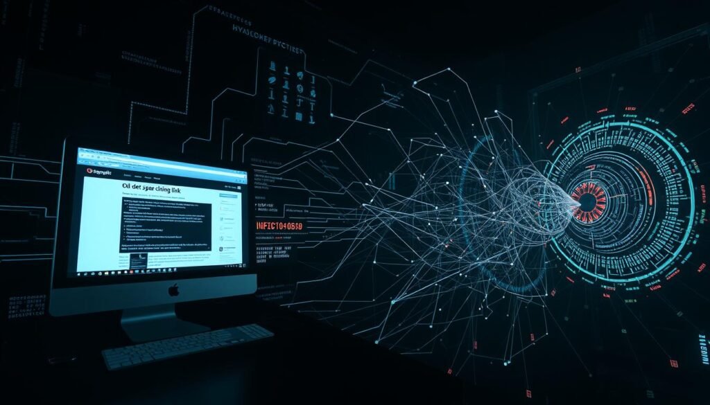 A step-by-step visualization of a phishing link infection process. In the foreground, a computer screen displays the deceptive phishing website, luring the user to click the malicious link. In the middle ground, an intricate web of digital pathways represents the malware's infiltration, with lines of code and data streams converging. The background features a dark, ominous atmosphere, suggesting the gravity of the situation, with glowing binary digits and encrypted patterns swirling in the shadows, hinting at the complex workings of the infection. Dramatic lighting casts dramatic shadows, creating a sense of foreboding. The scene is captured through a wide-angle lens, emphasizing the escalating scale of the threat.