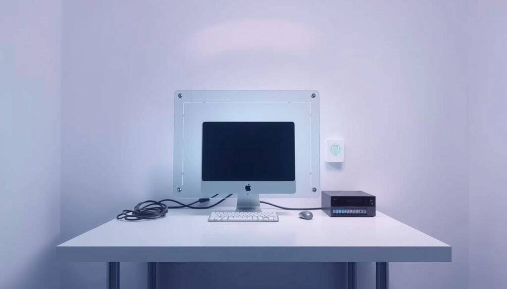 A sterile, secure workspace with a sleek, streamlined desktop computer sitting on a minimalist desk. The PC is encased in a transparent protective shield, symbolizing its isolation from external networks. Soft, directional lighting illuminates the setup, creating a sense of focus and concentration. The background is a plain, neutral tone, devoid of distractions, emphasizing the importance of the air-gapped system. Subtle details like cable management and carefully placed peripherals suggest a meticulous, methodical approach to data security. The overall atmosphere conveys a sense of controlled, deliberate isolation - a sanctuary for sensitive information.