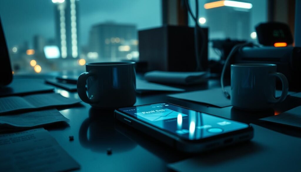 A stormy night casts an eerie glow on a desk, where a smartphone buzzes urgently, its screen displaying a blinking email notification. The phone's surface reflects the flickering lights from outside, creating a sense of unease and impending crisis. The desk is cluttered with scattered papers and a half-empty mug of coffee, suggesting a workspace in disarray, mirroring the escalating situation. The lighting is dramatic, with sharp shadows and highlights that accentuate the ominous mood. The camera angle is slightly low, heightening the sense of tension and emphasizing the phone's central role in the scene. A stormy night casts an eerie glow on a desk, where a smartphone buzzes urgently, its screen displaying a blinking email notification. The phone's surface reflects the flickering lights from outside, creating a sense of unease and impending crisis. The desk is cluttered with scattered papers and a half-empty mug of coffee, suggesting a workspace in disarray, mirroring the escalating situation. The lighting is dramatic, with sharp shadows and highlights that accentuate the ominous mood. The camera angle is slightly low, heightening the sense of tension and emphasizing the phone's central role in the scene.