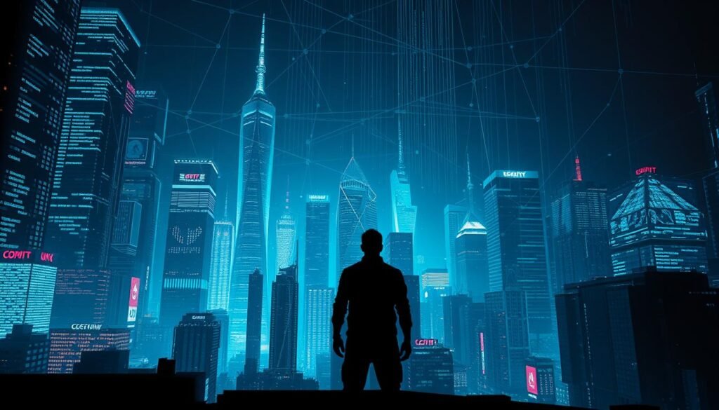 A striking cityscape illuminated by the soft glow of digital screens, where towering skyscrapers and futuristic architecture intertwine with a complex web of data streams. In the foreground, a lone figure stands resolute, their silhouette cast against a backdrop of flickering code and holographic security interfaces. The mood is one of quiet contemplation, a sense of both power and vulnerability in the face of the evolving cyber landscape. Subtle lighting from above casts dramatic shadows, emphasizing the depth and layers of this dynamic digital realm. This image captures the essence of the concentrated cyber risk facing key sectors as technology marches relentlessly towards 2030. A striking cityscape illuminated by the soft glow of digital screens, where towering skyscrapers and futuristic architecture intertwine with a complex web of data streams. In the foreground, a lone figure stands resolute, their silhouette cast against a backdrop of flickering code and holographic security interfaces. The mood is one of quiet contemplation, a sense of both power and vulnerability in the face of the evolving cyber landscape. Subtle lighting from above casts dramatic shadows, emphasizing the depth and layers of this dynamic digital realm. This image captures the essence of the concentrated cyber risk facing key sectors as technology marches relentlessly towards 2030.
