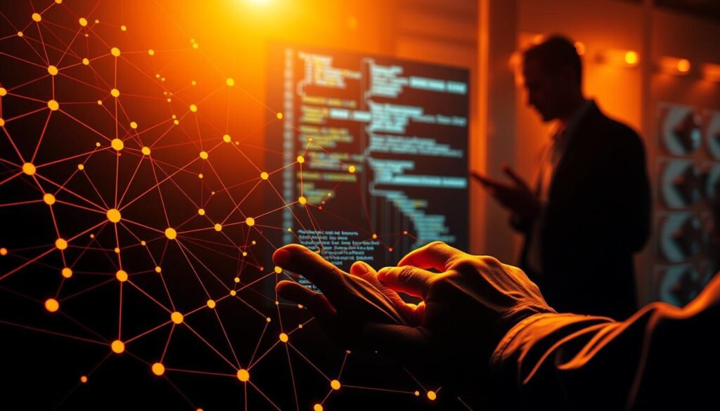 A striking, dynamic composition depicting the key skills for a cybersecurity consultant. In the foreground, a bold, stylized network diagram with intricate lines and nodes, symbolizing the technical depth required. In the middle ground, hands deftly manipulating code and data, showcasing analytical problem-solving abilities. In the background, a silhouetted figure engaged in conversation, representing the vital interpersonal skills of communication, collaboration, and client management. The scene is illuminated by a warm, focused lighting, creating a sense of purpose and professionalism. The overall mood is one of competence, versatility, and the ability to excel in both the technical and interpersonal realms of cybersecurity consulting. A striking, dynamic composition depicting the key skills for a cybersecurity consultant. In the foreground, a bold, stylized network diagram with intricate lines and nodes, symbolizing the technical depth required. In the middle ground, hands deftly manipulating code and data, showcasing analytical problem-solving abilities. In the background, a silhouetted figure engaged in conversation, representing the vital interpersonal skills of communication, collaboration, and client management. The scene is illuminated by a warm, focused lighting, creating a sense of purpose and professionalism. The overall mood is one of competence, versatility, and the ability to excel in both the technical and interpersonal realms of cybersecurity consulting.