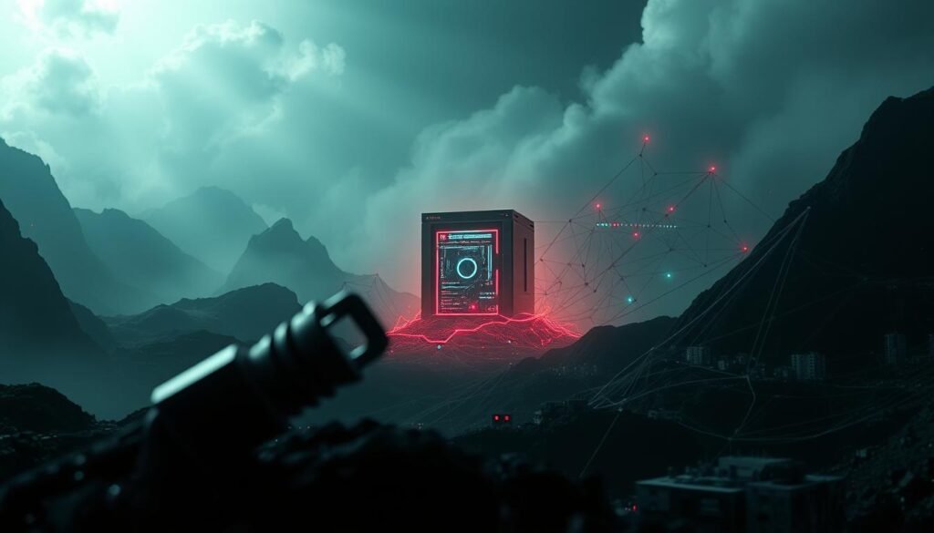 A striking landscape of a digital world in peril. In the foreground, a dark and ominous phishing lure - a tempting link or attachment, seemingly innocuous but concealing a malicious payload. The middle ground reveals a virtual machine, a perceived safeguard, its facade of security crumbling as the infection spreads. In the background, a network of interconnected devices, their vulnerabilities exposed, the true extent of the breach becoming alarmingly clear. Dramatic lighting casts deep shadows, heightening the sense of danger and the fragility of digital defenses. The scene conveys a cautionary tale - that even the best-laid virtual plans can fall victim to the persistent and evolving threats of the cyber realm.