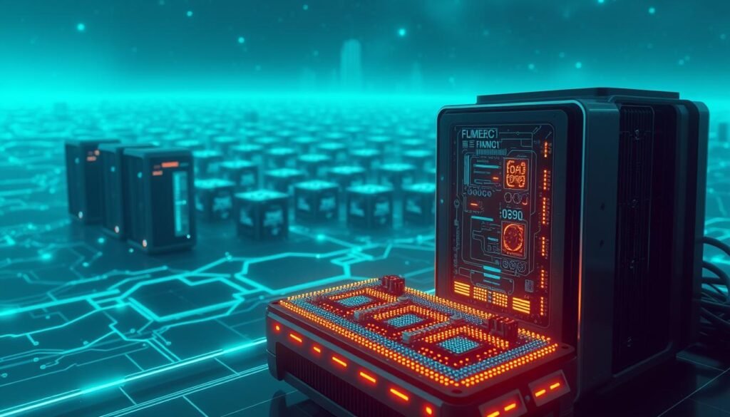 A stunning quantum computing landscape, bathed in a soft blue-green glow. In the foreground, a sleek, futuristic quantum processor unit with intricate circuitry and glowing quantum dots. Behind it, a holographic display projects complex algorithms and data visualizations, hinting at the immense processing power. In the middle ground, a network of interconnected quantum servers, their cuboid shapes emanating an otherworldly radiance. The background is a vast, mysterious expanse of quantum fields, with rippling energy flows and the faint outlines of quantum particles. The scene conveys a sense of technological innovation, mathematical elegance, and the boundless potential of quantum computing to reshape the future of cryptography and information security. A stunning quantum computing landscape, bathed in a soft blue-green glow. In the foreground, a sleek, futuristic quantum processor unit with intricate circuitry and glowing quantum dots. Behind it, a holographic display projects complex algorithms and data visualizations, hinting at the immense processing power. In the middle ground, a network of interconnected quantum servers, their cuboid shapes emanating an otherworldly radiance. The background is a vast, mysterious expanse of quantum fields, with rippling energy flows and the faint outlines of quantum particles. The scene conveys a sense of technological innovation, mathematical elegance, and the boundless potential of quantum computing to reshape the future of cryptography and information security.