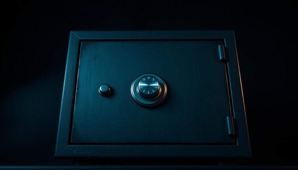 A sturdy, antique-styled metal safe with a combination lock dial set against a dimly lit, atmospheric backdrop. The safe's surface is weathered and textured, conveying a sense of history and security. The lighting is dramatic, casting deep shadows and highlights that accentuate the three-dimensional form. The camera angle is slightly low, emphasizing the weight and solidity of the safe. The composition places the safe prominently in the frame, with minimal distractions in the background, creating a focused, contemplative mood. The overall scene evokes a sense of importance and the protection of valuable information, alluding to the "master password" theme.