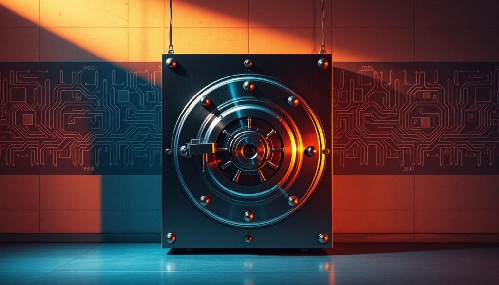 A sturdy metal vault door with an intricate lock mechanism stands as the focal point, its gleaming surface bathed in warm, directional lighting that casts dramatic shadows. In the background, a minimalist geometric pattern of interlocking circuits and security grids spans the wall, hinting at the advanced digital defenses guarding the vault. The composition conveys a sense of formidable strength and impenetrability, underscoring the vital role of robust password security as the first line of defense against unauthorized access in the digital age. A sturdy metal vault door with an intricate lock mechanism stands as the focal point, its gleaming surface bathed in warm, directional lighting that casts dramatic shadows. In the background, a minimalist geometric pattern of interlocking circuits and security grids spans the wall, hinting at the advanced digital defenses guarding the vault. The composition conveys a sense of formidable strength and impenetrability, underscoring the vital role of robust password security as the first line of defense against unauthorized access in the digital age.