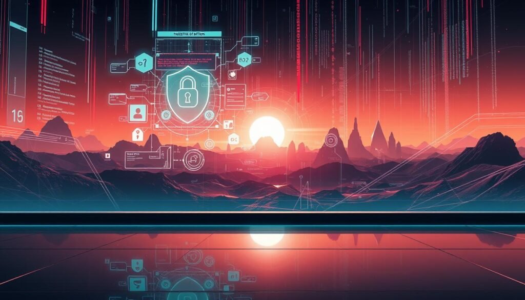 A surreal digital illustration depicting the prevention of injection attacks. In the foreground, a serene, minimalist interface with clean lines and a sleek, cyberpunk aesthetic. Holographic security protocols and firewall visualizations flicker in the middle ground, hinting at the technical complexities involved. In the background, an abstract, glitching landscape evokes the digital realm, with distorted geometric shapes and cascading data streams. The overall mood is one of control, security, and the triumph of robust software engineering over the threat of injection vulnerabilities.