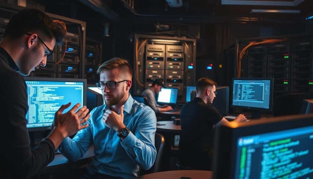 A team of cybersecurity experts engaged in intense training exercises, their faces illuminated by the glow of computer screens in a dimly lit room. In the foreground, two team members collaborate intently, hands gesturing as they analyze lines of code. In the middle ground, others work in pairs, deep in thought as they navigate virtual networks, probing for vulnerabilities. The background is a complex array of server racks and network equipment, casting long shadows that add depth and a sense of technical sophistication. The overall mood is one of focus, determination, and the high-stakes nature of their work, as they hone their skills to protect against cyber threats.
