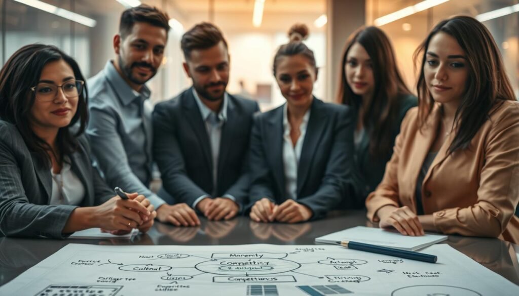 A team of individuals with diverse skills and strengths, gathered around a table, engaged in strategic discussion. The foreground features a hand-drawn diagram mapping out key competencies, while the middle-ground showcases a group of professionals in business attire, their expressions focused and attentive. The background is a softly blurred office setting, suggesting a professional, collaborative atmosphere. Warm, directional lighting casts subtle shadows, creating depth and emphasizing the teamwork dynamic. The overall composition conveys a sense of synergy, problem-solving, and the collective power of complementary abilities.