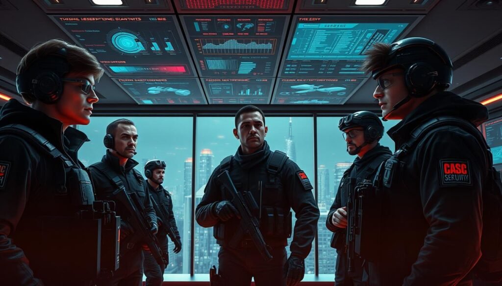 A team of seasoned security professionals, clad in tactical gear, standing vigilant amidst a sleek, high-tech control room. Overhead, a grid of holographic displays showcases real-time threat assessments and network diagnostics. Warm, focused lighting illuminates their intense expressions as they analyze data streams and coordinate incident response protocols. In the background, a panoramic window offers a cityscape backdrop, hinting at the scale and importance of their duties. The atmosphere conveys a sense of professionalism, expertise, and unwavering dedication to safeguarding critical systems and sensitive information. A team of seasoned security professionals, clad in tactical gear, standing vigilant amidst a sleek, high-tech control room. Overhead, a grid of holographic displays showcases real-time threat assessments and network diagnostics. Warm, focused lighting illuminates their intense expressions as they analyze data streams and coordinate incident response protocols. In the background, a panoramic window offers a cityscape backdrop, hinting at the scale and importance of their duties. The atmosphere conveys a sense of professionalism, expertise, and unwavering dedication to safeguarding critical systems and sensitive information.
