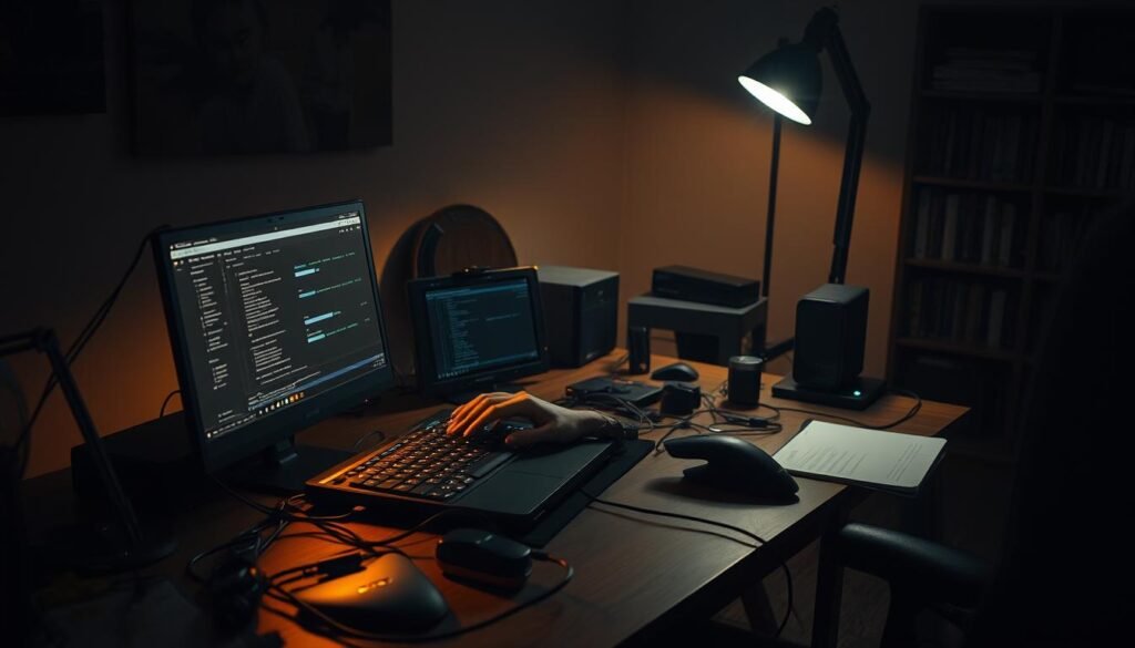 A technician in a dimly lit home office, intently focused on a laptop screen as they configure security settings and install specialized software. The desk is meticulously organized, with a keyboard, mouse, and various peripherals neatly arranged. Cables snake across the surface, connecting the devices. Soft, warm lighting from a desk lamp illuminates the scene, casting shadows and creating a sense of concentration and purpose. The walls are lined with bookshelves, hinting at the technician's depth of knowledge. The overall atmosphere conveys a sense of care, attention to detail, and a dedication to securing sensitive digital assets.