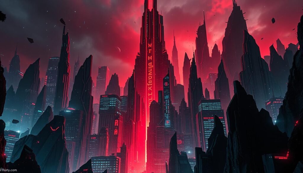 A towering, sinister-looking cyberattack landscape, with glowing data streams and digital debris cascading through a fractured, dystopian cityscape. Shards of code and shattered windows create a sense of disarray and chaos, while a ominous red glow seeps through the cracks, casting an eerie, foreboding atmosphere. Craggy, angular architecture in the background suggests an advanced, high-tech metropolis under siege. Highly detailed, cinematic lighting and camera angles capture the intensity and drama of the breach, conveying a sense of urgency and vulnerability.