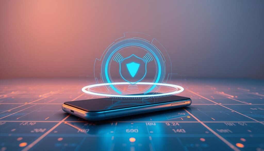 A tranquil digital sanctuary, illuminated by a soft, ambient glow. In the foreground, a sleek, modern smartphone, its surface a gleaming shield against the unseen threats of the virtual world. Encircling the device, a nimble, translucent barrier, a pulsing energy field that deflects and protects, like a guardian angel. In the middle ground, a serene, minimalist backdrop, devoid of distractions, allowing the focus to remain on the pivotal device and its defensive capabilities. The lighting, warm and diffused, conveys a sense of security and confidence, while the overall composition suggests the importance of this real-world test in safeguarding everyday users from the dangers that lurk within the digital realm.
