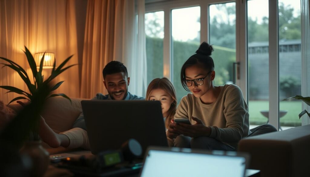 A tranquil home interior, soft lighting filtering through sheer curtains, casting a warm glow on a cozy living room. In the foreground, a family gathered around a laptop, their expressions focused and engaged, digital devices kept at a distance, symbolizing a conscious effort to prioritize privacy and quality time. The background showcases a serene outdoor scene, a lush garden, and a peaceful, undisturbed atmosphere, conveying a sense of sanctuary and refuge from the digital world. The composition suggests a balanced approach to technology, where digital safety and family wellbeing coexist harmoniously.