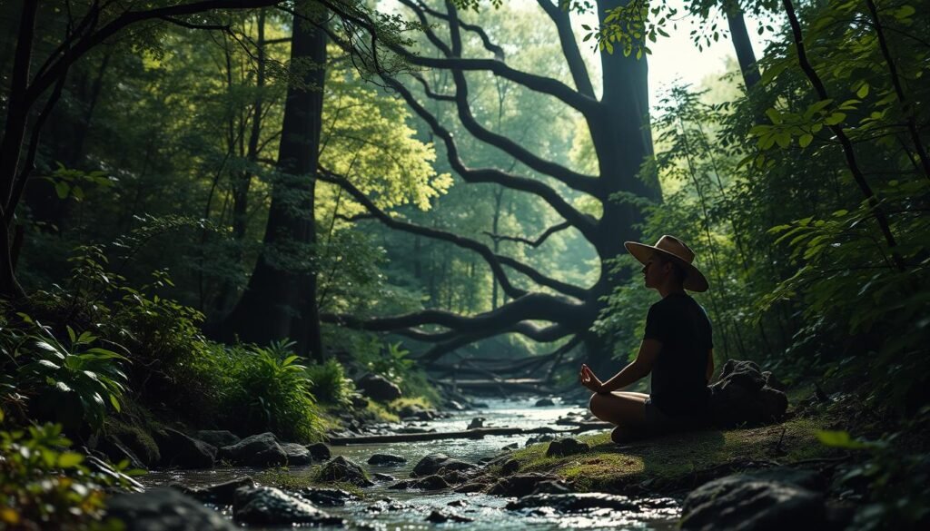 A tranquil, secluded woodland setting with lush, verdant foliage and a gently flowing stream. In the foreground, a person sits cross-legged, eyes closed, immersed in deep meditation, their face hidden by the shadow of a wide-brimmed hat. Soft, diffused natural lighting filters through the canopy, creating a serene, contemplative atmosphere. The background features towering trees, their branches intertwining to form a natural, protective barrier, symbolizing the privacy and security one can find by disconnecting from technology. The overall scene conveys a sense of solitude, introspection, and the importance of personal space in an increasingly connected world.