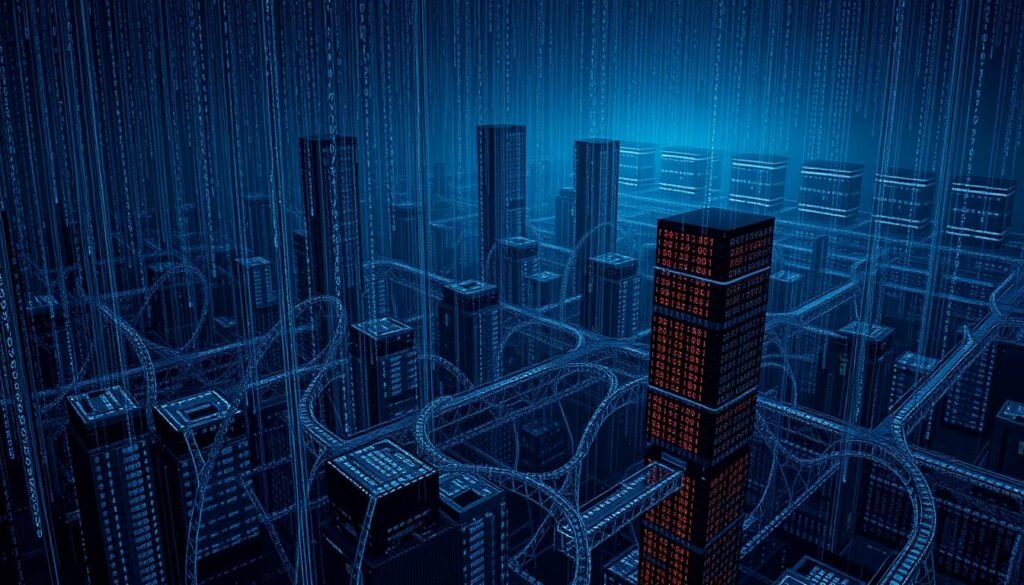 A vast, chaotic sea of alphanumeric characters cascading across a dark, digital landscape. In the foreground, a towering stack of password hashes, each one a testament to a compromised identity. The middle ground is a maze of interconnected databases, their structures barely visible through the torrential data flow. In the background, ominous silhouettes of servers loom, their LED lights flickering ominously. The scene is bathed in an eerie, bluish glow, creating an atmosphere of unease and vulnerability. The overall impression is one of overwhelming scale and the fragility of our digital security.