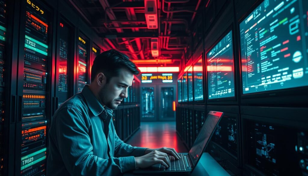 A vast corporate data center, rows of servers humming with activity. Flashing lights and intricate circuit boards reveal the complex inner workings of this digital landscape. In the foreground, a lone technician hunched over a laptop, brow furrowed in concentration as they navigate the labyrinth of software and security protocols. The atmosphere is tense, the air thick with the weight of an unfolding crisis. Bright monitors cast an eerie glow, illuminating the scene with an ominous, neon-tinged palette. Dramatic shadows and high-contrast lighting heighten the sense of urgency, as if the very fate of the organization hangs in the balance. This is the heart of the incident response, where the battle against the cyber threat is waged in real-time. A vast corporate data center, rows of servers humming with activity. Flashing lights and intricate circuit boards reveal the complex inner workings of this digital landscape. In the foreground, a lone technician hunched over a laptop, brow furrowed in concentration as they navigate the labyrinth of software and security protocols. The atmosphere is tense, the air thick with the weight of an unfolding crisis. Bright monitors cast an eerie glow, illuminating the scene with an ominous, neon-tinged palette. Dramatic shadows and high-contrast lighting heighten the sense of urgency, as if the very fate of the organization hangs in the balance. This is the heart of the incident response, where the battle against the cyber threat is waged in real-time.