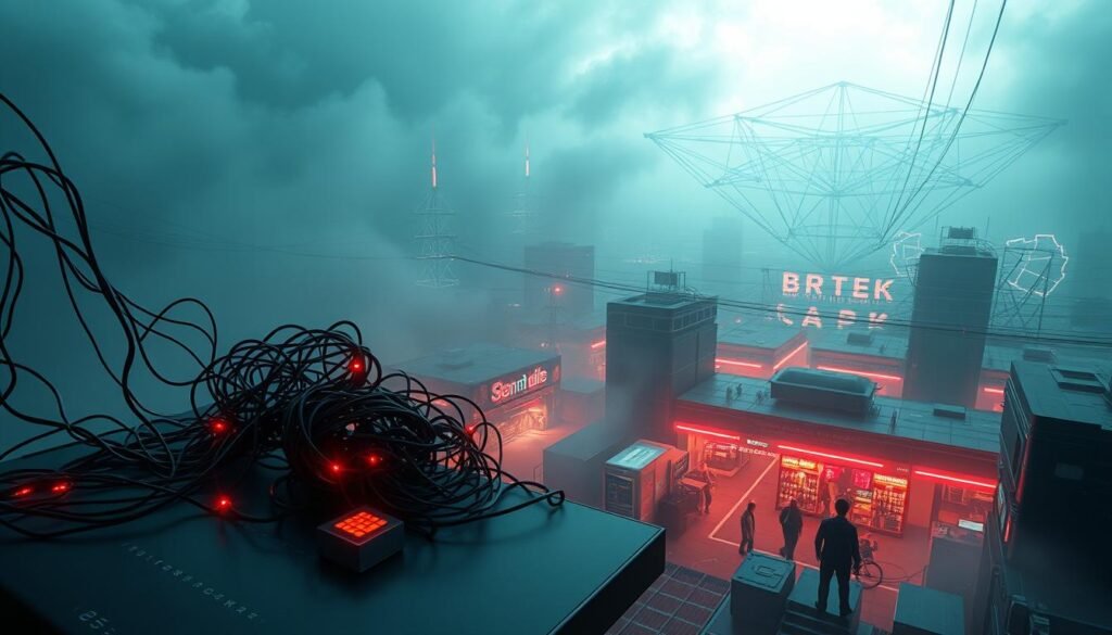 A vast digital landscape, shrouded in an ominous haze. In the foreground, a tangle of twisted, tendriled malware snakes across a sleek, black interface, its pulsing nodes commanding legions of compromised devices. The middle ground depicts a bustling, neon-lit marketplace, where shadowy figures broker the sale of stolen computing power, a thriving "rent-a-bot" economy fueling the botnet's relentless expansion. In the distance, a web of interconnected servers and routers, their flickering lights suggesting the vast, decentralized infrastructure that enables these pernicious attacks to persist, evading detection and disruption. The scene is bathed in an eerie, electric glow, conveying the cold, calculated efficiency of this cybercrime ecosystem.