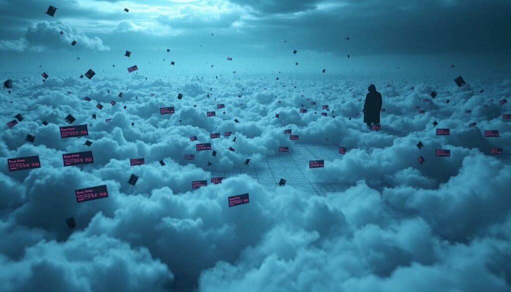 A vast, disorganized cloud landscape, with scattered data packets and misconfigured server icons haphazardly floating amidst the ethereal expanse. The scene is bathed in a dim, ominous lighting, casting an unsettling atmosphere. In the foreground, a series of corrupted, glitching data visualizations and error messages obscure the view, highlighting the vulnerabilities of the cloud infrastructure. The middle ground features a tangled web of network cables and security protocols, symbolizing the complexities of modern cloud environments. In the distant background, a shadowy silhouette of a cloud service provider looms, its presence evoking a sense of unease and lack of control. The overall composition conveys the critical need to understand and address cloud misconfiguration risks in today's digital landscape. A vast, disorganized cloud landscape, with scattered data packets and misconfigured server icons haphazardly floating amidst the ethereal expanse. The scene is bathed in a dim, ominous lighting, casting an unsettling atmosphere. In the foreground, a series of corrupted, glitching data visualizations and error messages obscure the view, highlighting the vulnerabilities of the cloud infrastructure. The middle ground features a tangled web of network cables and security protocols, symbolizing the complexities of modern cloud environments. In the distant background, a shadowy silhouette of a cloud service provider looms, its presence evoking a sense of unease and lack of control. The overall composition conveys the critical need to understand and address cloud misconfiguration risks in today's digital landscape.