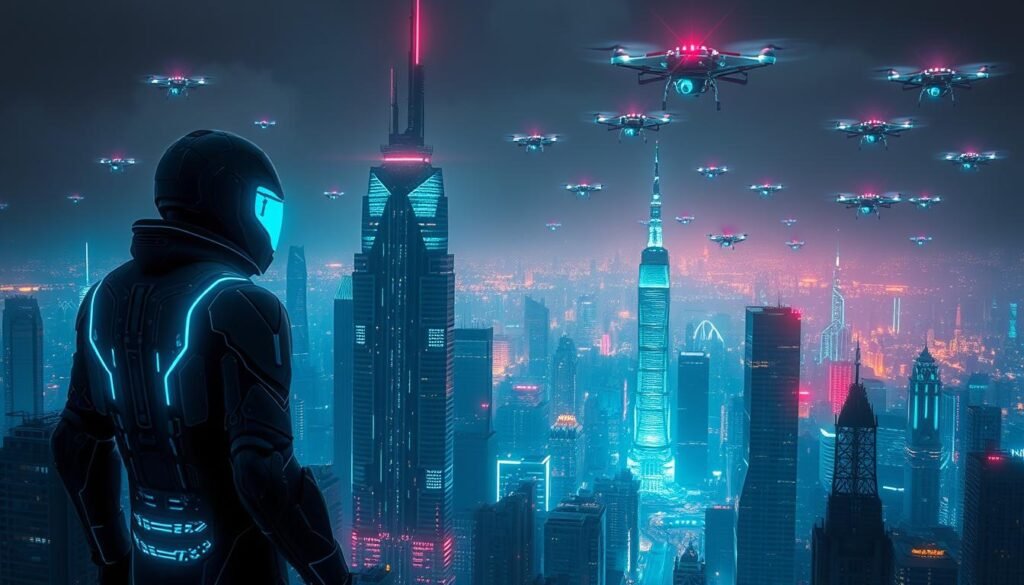 A vast, futuristic cityscape stretches out, illuminated by a neon glow. In the foreground, a sleek, angular cybersuit-clad figure stands vigilant, their face obscured by a holographic visor. The middle ground is dominated by towering skyscrapers, their surfaces adorned with intricate, glowing circuits and panels. In the background, the sky is alive with swarms of autonomous drones, monitoring the urban landscape. The scene is suffused with an eerie, electric atmosphere, hinting at the technological advancements and digital threats of the years to come. A vast, futuristic cityscape stretches out, illuminated by a neon glow. In the foreground, a sleek, angular cybersuit-clad figure stands vigilant, their face obscured by a holographic visor. The middle ground is dominated by towering skyscrapers, their surfaces adorned with intricate, glowing circuits and panels. In the background, the sky is alive with swarms of autonomous drones, monitoring the urban landscape. The scene is suffused with an eerie, electric atmosphere, hinting at the technological advancements and digital threats of the years to come.