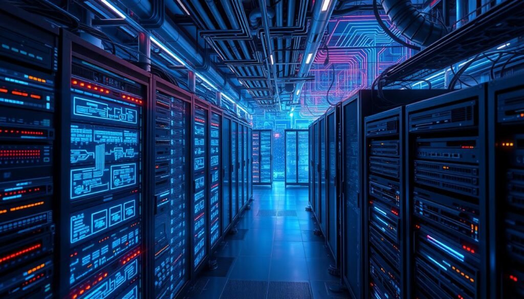 A vast, interconnected network of essential IT infrastructure. In the foreground, a sleek, modern server rack humming with activity, its blinking lights and interlocking cables a symphony of digital power. Surrounding it, a maze of network switches, routers, and firewalls, their intricate designs and metallic finishes conveying a sense of technological sophistication. In the background, a dynamic backdrop of flowing data visualizations, intricate circuit diagrams, and abstract representations of network topologies, all bathed in a cool, futuristic lighting scheme that creates a sense of depth and complexity. The overall scene radiates a sense of order, control, and the essential foundations of a secure, reliable IT ecosystem.