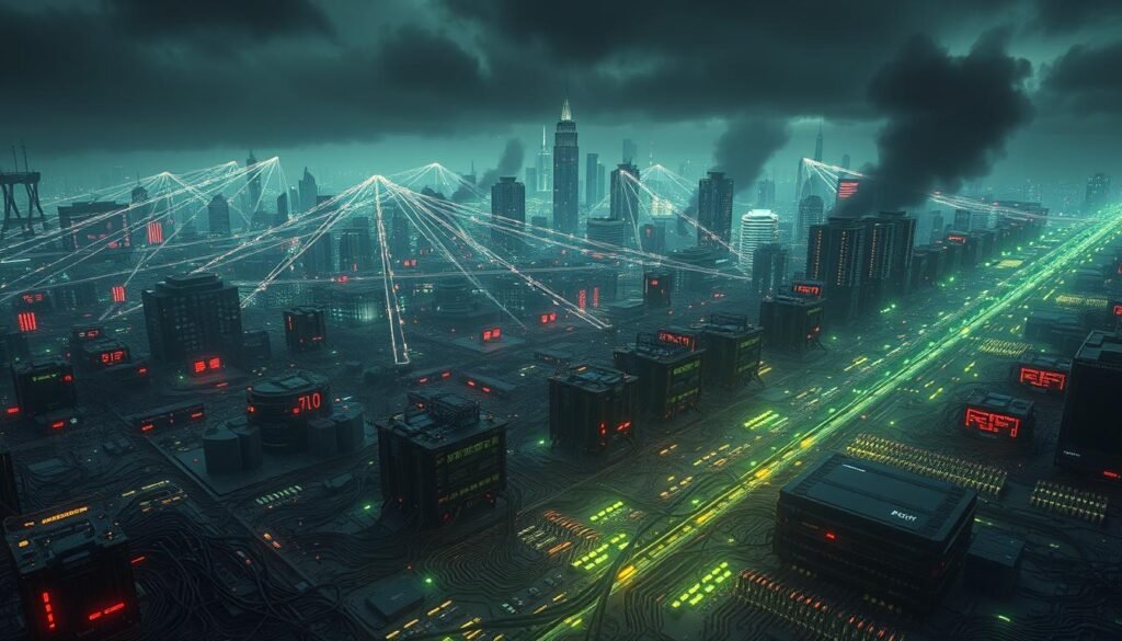 A vast network of interconnected devices, each a node in a sprawling botnet, unleashing a torrent of digital chaos. In the foreground, streams of data packets converge, overwhelming targeted systems with a barrage of DDOS attacks. The middle ground is a tangle of twisted cables and pulsing circuit boards, the sinister machinery powering this digital onslaught. In the background, a dystopian cityscape shrouded in an eerie glow, the skyline punctuated by towering data centers - the nerve centers of this malicious digital empire. Ominous shadows loom, hinting at the unseen forces orchestrating this assault on digital infrastructure. The scene conveys the scale, complexity, and devastating impact of modern botnet-driven DDOS attacks.