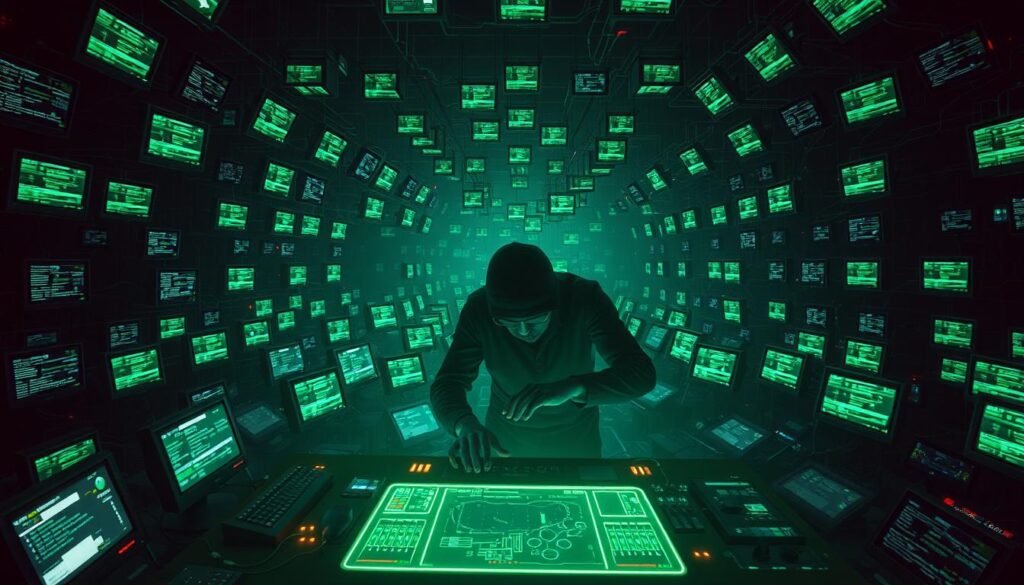 A vast network of interconnected devices, their screens illuminating the darkness like a web of pulsing nodes. At the center, a shadowy figure hunched over a command console, fingers dancing across a holographic interface as they orchestrate the coordinated movements of their digital minions. Eerie green lights cast an ominous glow, while lines of code cascade across the displays, weaving a tapestry of control. The air is thick with a sense of power and unseen malice, as this unseen puppet master pulls the strings of a botnet that spans the globe, ready to unleash chaos at a moment's notice.