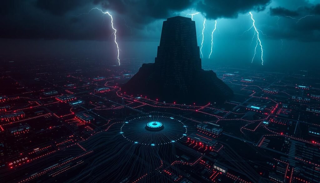 A vast, shadowy network of malicious code, the Shamoon wiper malware looms across a darkened digital landscape. In the foreground, a cluster of data streams swirl ominously, their paths intertwining as they converge on a central hub - the heart of a targeted network. Surrounding this, a maze of interconnected systems flicker with the glow of intrusion, their security protocols breached. In the background, a towering monolith of binary code stands as a testament to the sheer scale and complexity of this advanced persistent threat. Overhead, a ominous digital storm brews, lightning flashing across a sky of corrupted data. The scene conveys the grave, technologically-sophisticated nature of the Shamoon attack, its striking visual metaphor capturing the gravity of this significant cyber incident.