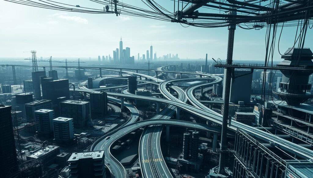 A vast, sprawling network of interconnected systems and structures, the infrastructure that powers modern finance stands as a testament to the complexity of the stock market. In the foreground, a maze of cables, servers, and data centers hum with activity, their sleek, angular forms conveying a sense of technical prowess. The middle ground reveals the intricate web of roads, bridges, and transportation hubs that facilitate the movement of capital, while the distant horizon is dotted with the towering silhouettes of skyscrapers, a symbol of the financial institutions that shape the global economy. The scene is bathed in a cool, steely light, casting long shadows that underscore the gravity and importance of this critical system. An image of both resilience and vulnerability, this infrastructure holds the key to the market's stability – and its potential downfall. A vast, sprawling network of interconnected systems and structures, the infrastructure that powers modern finance stands as a testament to the complexity of the stock market. In the foreground, a maze of cables, servers, and data centers hum with activity, their sleek, angular forms conveying a sense of technical prowess. The middle ground reveals the intricate web of roads, bridges, and transportation hubs that facilitate the movement of capital, while the distant horizon is dotted with the towering silhouettes of skyscrapers, a symbol of the financial institutions that shape the global economy. The scene is bathed in a cool, steely light, casting long shadows that underscore the gravity and importance of this critical system. An image of both resilience and vulnerability, this infrastructure holds the key to the market's stability – and its potential downfall.