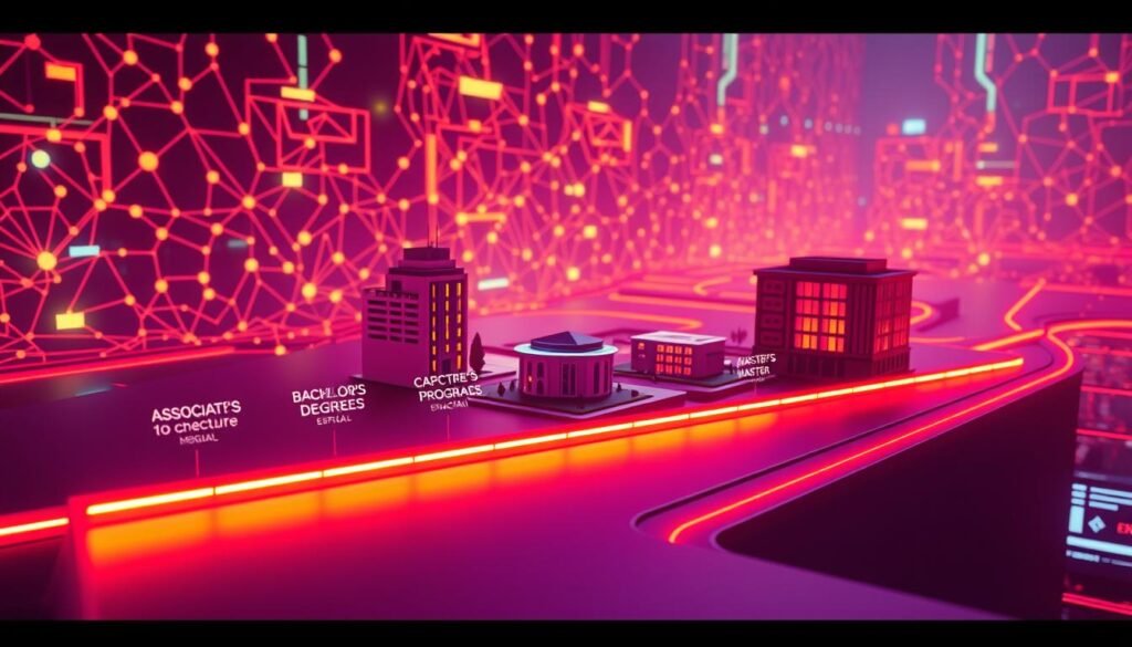 A vibrant, digitally-rendered education roadmap with a sleek, modern aesthetic. In the foreground, a bold, three-dimensional timeline unfolds, showcasing the progression from associate and bachelor's degrees to a captivating master's program, all bathed in a warm, cinematic lighting. The middle ground features a minimalist, isometric campus setting, with distinct buildings representing the educational stages. In the background, a dynamic, abstract backdrop of interconnected nodes and pathways symbolizes the interconnected nature of the cybersecurity field. The overall composition conveys a sense of direction, growth, and the transformative power of higher education. A vibrant, digitally-rendered education roadmap with a sleek, modern aesthetic. In the foreground, a bold, three-dimensional timeline unfolds, showcasing the progression from associate and bachelor's degrees to a captivating master's program, all bathed in a warm, cinematic lighting. The middle ground features a minimalist, isometric campus setting, with distinct buildings representing the educational stages. In the background, a dynamic, abstract backdrop of interconnected nodes and pathways symbolizes the interconnected nature of the cybersecurity field. The overall composition conveys a sense of direction, growth, and the transformative power of higher education.