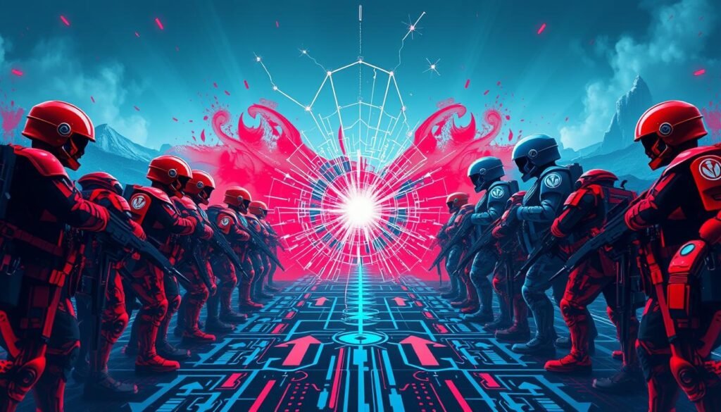 A vibrant, dynamic scene depicting the essence of "red team vs blue team" in a conceptual, abstract style. In the foreground, two opposing armies face off, their uniforms and emblems embodying the classic red and blue color scheme. Amid the clash of forces, a powerful energy field crackles, symbolizing the strategic tension and competitive spirit of the confrontation. The middle ground features a complex network of arrows, lines, and geometric shapes, visualizing the tactical maneuvers and data flows that drive the teams' decision-making. In the background, a sleek, futuristic landscape sets the stage, hinting at the high-tech, cybersecurity context of the conflict. Dramatic lighting casts dynamic shadows, enhancing the dramatic, high-stakes atmosphere. The overall composition conveys the essence of red team vs blue team warfare - a clash of wits, capabilities, and resolve.
