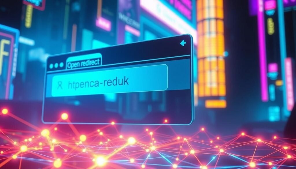 A vibrant, neon-tinged digital landscape where a web browser window takes center stage, its URL bar revealing the telltale signs of an open redirect vulnerability - a suspicious-looking web address that appears to lead users astray. The scene is bathed in an ominous glow, hinting at the potential security risks lurking within. In the foreground, a network of glowing lines and geometric shapes symbolize the complex web of connections that can be exploited through such vulnerabilities. The overall atmosphere conveys a sense of technological unease, urging the viewer to consider the importance of secure web design and the potential consequences of overlooking such critical flaws.