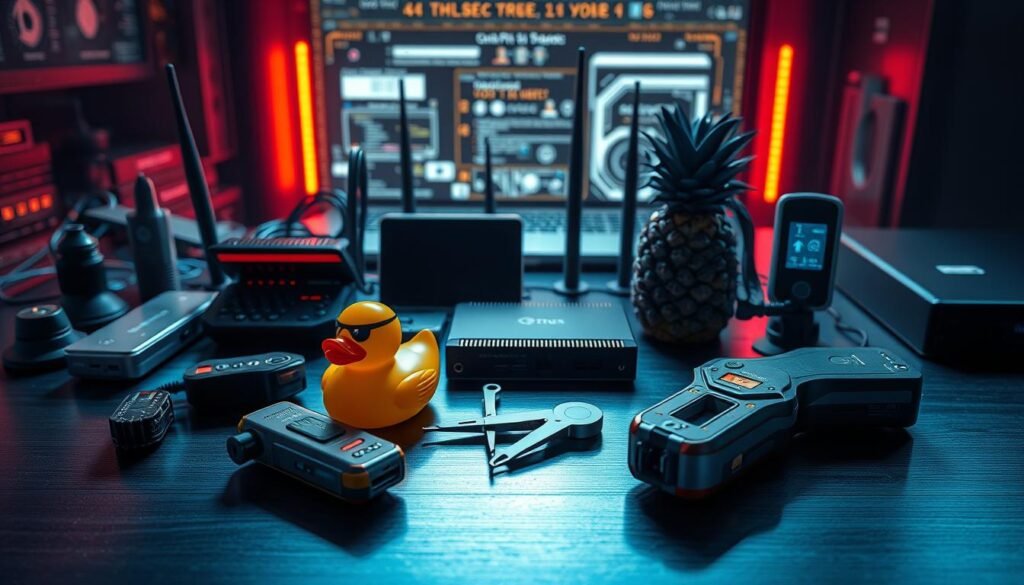 A visually striking arrangement of various computer tools and instruments, captured in a high-resolution, photorealistic rendering. The foreground features a collection of essential hacking utilities like a USB Rubber Ducky, Wifi Pineapple, and Rubber Ducky scripting editor, all positioned on a sleek, metallic surface bathed in cool, directional lighting. The middle ground showcases a pair of professional-grade wireless network adapters and a compact multi-tool, while the background subtly reveals the outlines of a sophisticated desktop workstation, creating a sense of depth and context. The overall mood is one of focus, precision, and the appreciation of the nuanced features that define a capable hacking toolkit.