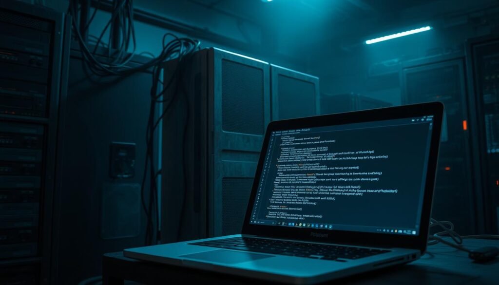 A vulnerable MySQL server stands in a dimly lit, gritty computer lab. The harsh, dramatic lighting casts dramatic shadows, creating an ominous atmosphere. The server's metal casing is slightly rusted, hinting at its age and neglect. Wires and cables snake around it, adding to the sense of disrepair. In the foreground, a laptop is open, its screen displaying lines of code and diagnostic tools - the tools of an ethical hacker, ready to exploit the vulnerable service. The background is hazy, with indistinct server racks and monitoring equipment, emphasizing the isolation and focus on the task at hand. A vulnerable MySQL server stands in a dimly lit, gritty computer lab. The harsh, dramatic lighting casts dramatic shadows, creating an ominous atmosphere. The server's metal casing is slightly rusted, hinting at its age and neglect. Wires and cables snake around it, adding to the sense of disrepair. In the foreground, a laptop is open, its screen displaying lines of code and diagnostic tools - the tools of an ethical hacker, ready to exploit the vulnerable service. The background is hazy, with indistinct server racks and monitoring equipment, emphasizing the isolation and focus on the task at hand.