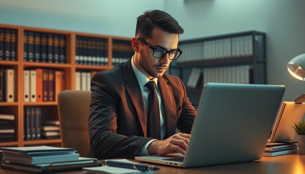 A well-dressed professional in a formal suit, sitting at a desk in a modern, well-lit office. They are intently focused on a laptop screen, surrounded by binders, documents, and other auditing tools. The lighting casts a warm, authoritative glow, highlighting the individual's expression of deep concentration and expertise. In the background, a bookshelf filled with accounting and IT security manuals, conveying the depth of their specialized knowledge. The scene radiates an air of diligence, attention to detail, and the importance of the information systems auditor's role in ensuring the integrity and security of an organization's data and processes.