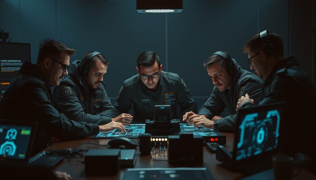 A well-equipped incident response team huddled around a conference table, deep in discussion. Intense expressions on their faces as they pore over holographic displays, analyzing data from a recent cyber attack. The room is dimly lit, casting dramatic shadows that accentuate the tension. State-of-the-art equipment and hardware adorn the space, signaling the team's technical prowess. An air of focus and determination permeates the scene, underscoring their readiness to swiftly mitigate the breach and restore order. Sleek, minimalist design elements lend an air of professionalism to the setting, befitting a specialized cybersecurity unit.