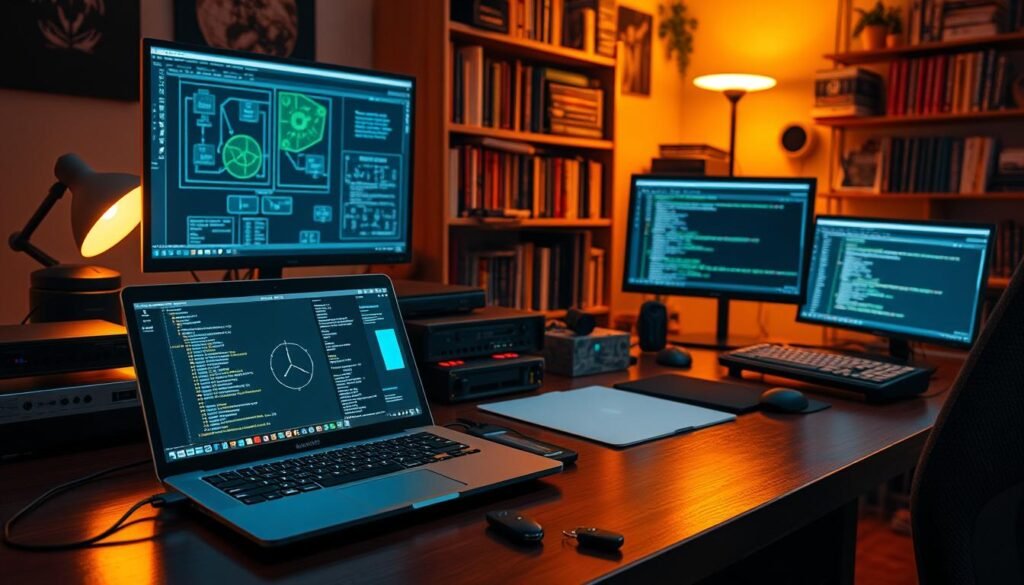 A well-equipped penetration testing lab in a cozy home office setting. In the foreground, a sleek laptop with Kali Linux open, ready for ethical hacking. On the desk, an array of networking gear, like a router and a switch, along with a USB security key. The middle ground features a dual-monitor setup, one displaying network diagrams, the other showing Metasploit's user interface. Bookshelves in the background are filled with cybersecurity textbooks and technical manuals. Warm, indirect lighting casts a focused glow, creating a contemplative, professional atmosphere ideal for learning and experimentation. A well-equipped penetration testing lab in a cozy home office setting. In the foreground, a sleek laptop with Kali Linux open, ready for ethical hacking. On the desk, an array of networking gear, like a router and a switch, along with a USB security key. The middle ground features a dual-monitor setup, one displaying network diagrams, the other showing Metasploit's user interface. Bookshelves in the background are filled with cybersecurity textbooks and technical manuals. Warm, indirect lighting casts a focused glow, creating a contemplative, professional atmosphere ideal for learning and experimentation.