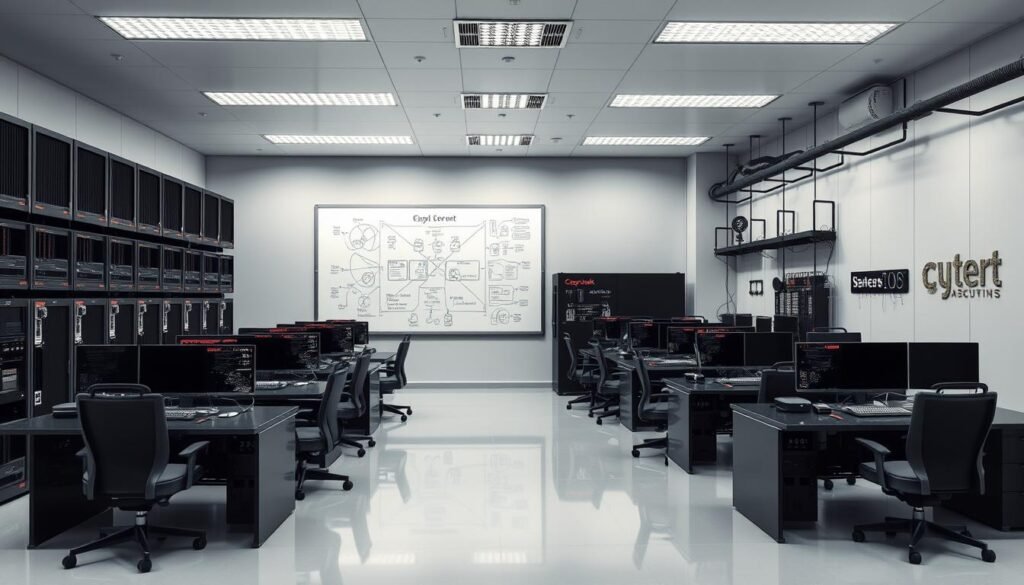 A well-equipped security lab with state-of-the-art workstations and monitoring equipment. The room is bathed in a soft, subdued lighting, creating a focused, professional atmosphere. Sleek black desks and chairs sit in neat rows, each topped with high-resolution displays and specialized peripherals. Along the walls, an array of servers, network switches, and security appliances hum quietly, their status lights blinking in a reassuring cadence. A large, central whiteboard dominates the space, covered in diagrams and notes. The overall aesthetic is one of precision, control, and an unwavering commitment to cybersecurity. A well-equipped security lab with state-of-the-art workstations and monitoring equipment. The room is bathed in a soft, subdued lighting, creating a focused, professional atmosphere. Sleek black desks and chairs sit in neat rows, each topped with high-resolution displays and specialized peripherals. Along the walls, an array of servers, network switches, and security appliances hum quietly, their status lights blinking in a reassuring cadence. A large, central whiteboard dominates the space, covered in diagrams and notes. The overall aesthetic is one of precision, control, and an unwavering commitment to cybersecurity.