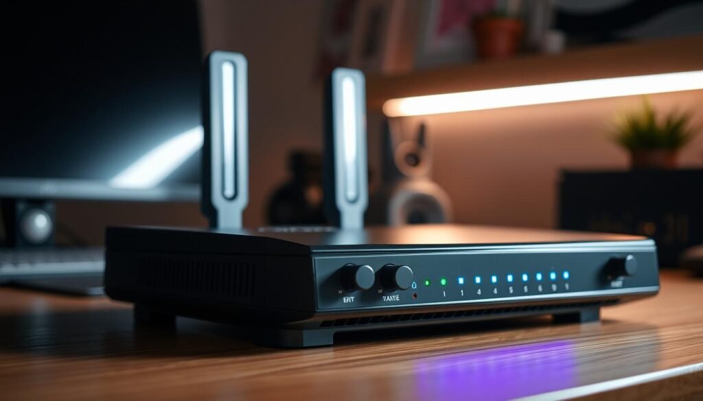 A well-lit, close-up view of a modern home router on a wooden desk. The router's control panel and status lights are prominently displayed, inviting the viewer to explore its settings. Soft, diffused lighting illuminates the scene, creating a sense of approachability and ease of use. The background is blurred, keeping the focus on the router's details and knobs. The overall mood is one of accessibility and simplicity, conveying the idea of a user-friendly router interface that can be easily navigated. A well-lit, close-up view of a modern home router on a wooden desk. The router's control panel and status lights are prominently displayed, inviting the viewer to explore its settings. Soft, diffused lighting illuminates the scene, creating a sense of approachability and ease of use. The background is blurred, keeping the focus on the router's details and knobs. The overall mood is one of accessibility and simplicity, conveying the idea of a user-friendly router interface that can be easily navigated.