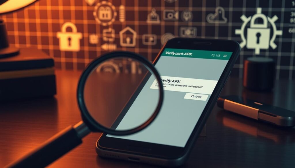A well-lit desk showcasing an Android smartphone, its screen displaying the "Verify APK" dialog. In the foreground, a magnifying glass examines the APK file, with attention to details like file signatures and checksums. In the middle ground, various security icons and indicators suggest the process of verifying authenticity. The background features a subtle grid pattern, evoking a sense of technical precision. Warm lighting and muted tones create a professional, trustworthy atmosphere, suitable for an article on secure APK installation.