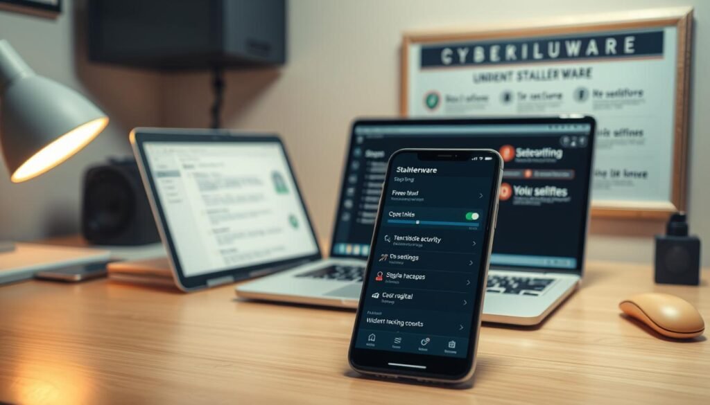 A well-lit desktop scene, crisp and focused, showcasing several digital safety steps against stalkerware. In the foreground, a smartphone with a security app open, illustrating steps to detect hidden tracking apps. In the middle ground, a laptop displaying online privacy settings, emphasizing the importance of securing digital accounts. In the background, a framed poster highlighting cybersecurity best practices, creating a professional, educational atmosphere. Warm, neutral tones, with clean lines and a sense of order, convey a methodical, informative approach to digital safety.