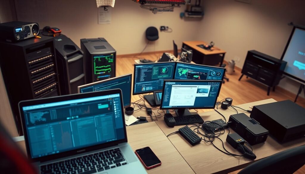 A well-lit, high-angle shot of a sleek, modern workspace featuring an array of cybersecurity tools and platforms. In the foreground, a laptop, a smartphone, and various network cables are neatly arranged. In the middle ground, a desktop computer with multiple monitors displays diagnostic software and security dashboards. The background showcases a server rack and a projector screen, suggesting a comprehensive, enterprise-level setup. The overall atmosphere is one of professionalism, efficiency, and technological prowess, setting the stage for the section on essential tools and platforms for a successful cybersecurity career.