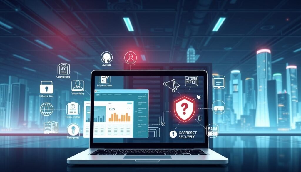 A well-lit, high-resolution illustration showcasing the core cybersecurity skills. In the foreground, a laptop displaying a security dashboard, surrounded by icons representing key competencies like network analysis, vulnerability assessment, and incident response. In the middle ground, a data center with servers and networking equipment, symbolizing the technical infrastructure. The background features a cityscape with skyscrapers, conveying the professional context. The overall atmosphere is crisp, modern, and techno-centric, reflecting the dynamic nature of the cybersecurity field.