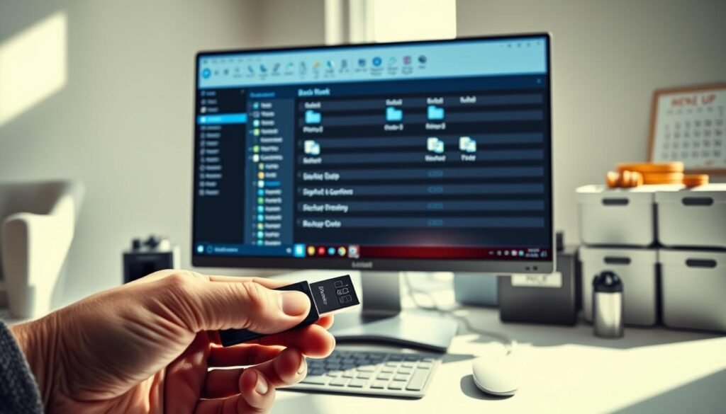 A well-lit, high-resolution image of a desktop computer, its monitor displaying a file manager window with multiple backup folders and external hard drives connected. The foreground shows a hand holding a USB drive, ready to initiate a backup process. The middle ground features organizational tools like labelled storage boxes and a calendar, conveying a sense of diligence and preparedness. The background has a minimalist, clean office environment with natural light streaming in, creating a serene, focused atmosphere. The overall scene suggests a methodical, proactive approach to data protection and disaster recovery.