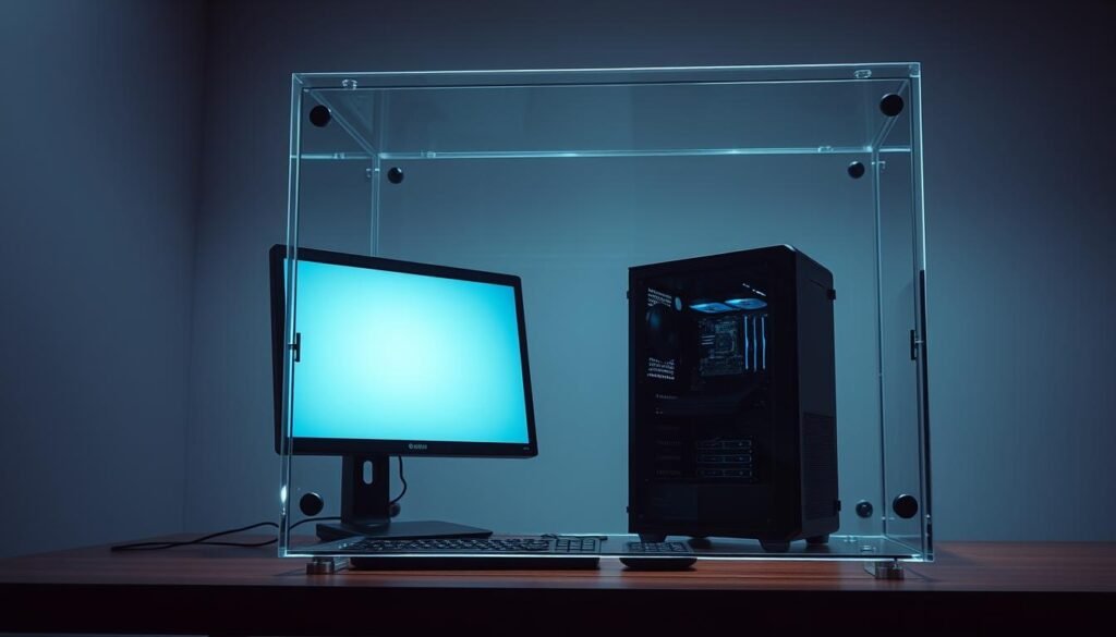 A well-lit, high-resolution image showcasing a desktop computer system with a distinct physical separation between the main components. The foreground features the computer tower and monitor, meticulously detailed with a sleek, modern design. The monitor displays a minimalist desktop interface, conveying a sense of privacy and security. In the middle ground, a clear acrylic or glass enclosure surrounds the tower, visually isolating it from the external environment. The background depicts a clean, uncluttered workspace, with subtle shadows and carefully positioned lighting to emphasize the air gap between the enclosure and the surroundings. The overall scene conveys a sense of intentional, methodical physical isolation for sensitive data and computing operations.